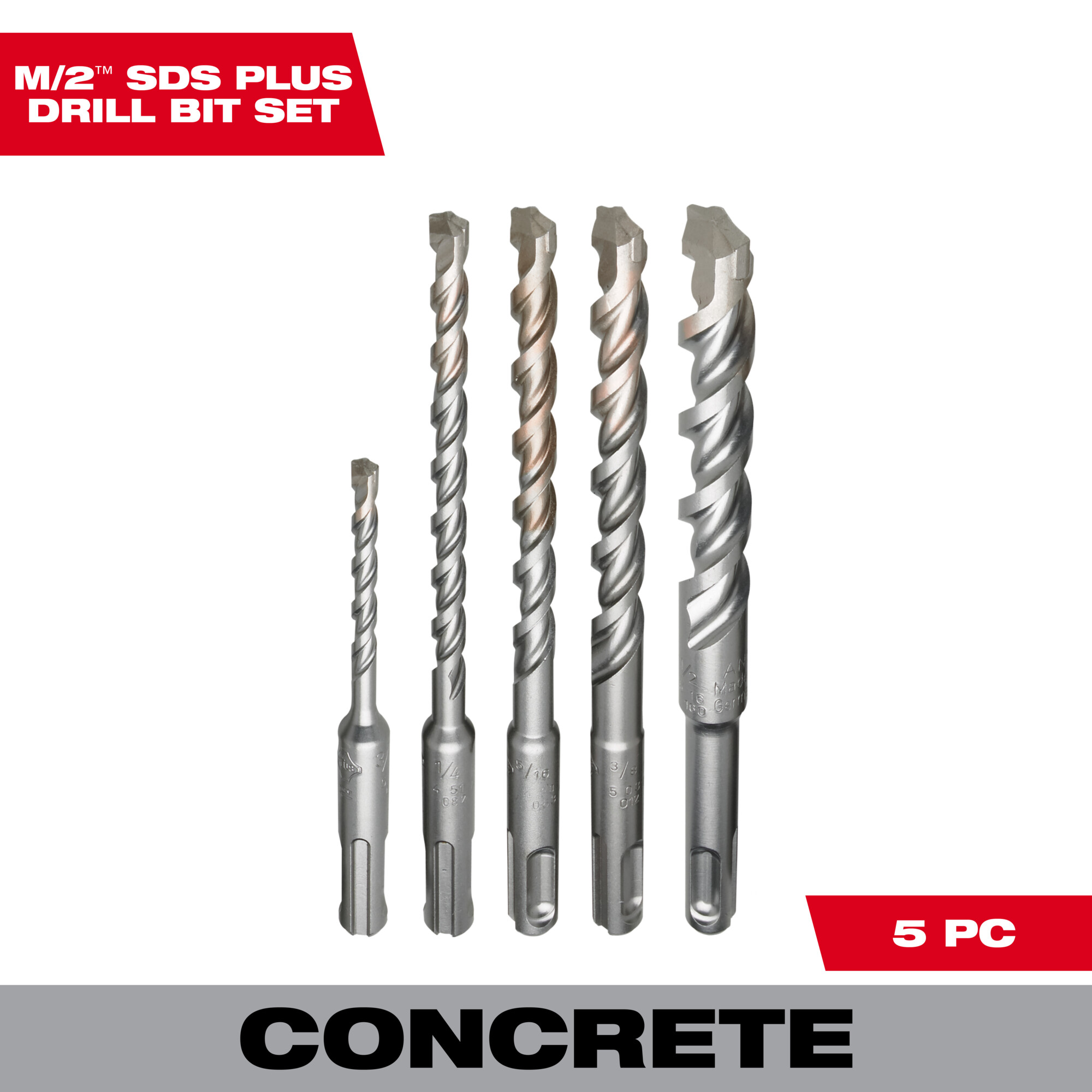 Milwaukee 5-Pc. Set SDS Rotary Hammer Bits, 3/16in. to 1/2in. dia., Model# 48-20-7490